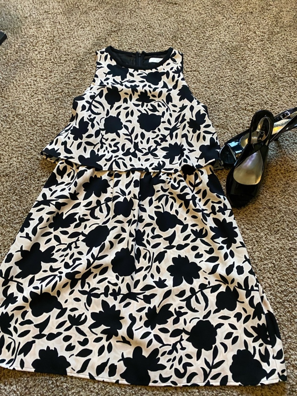 LOFT Black and Cream Floral Mini Dress